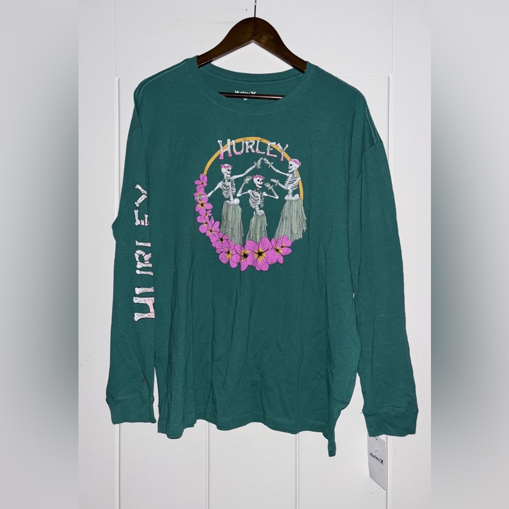 Hurley Skeleton Hula Dancers Long Sleeve Graphic Tee Green FLoral Surf Skull NEW